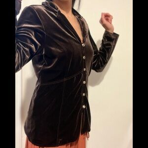 Vintage Chocolate Brown Velvet Button Down Shirt Blouse  Harve Benard